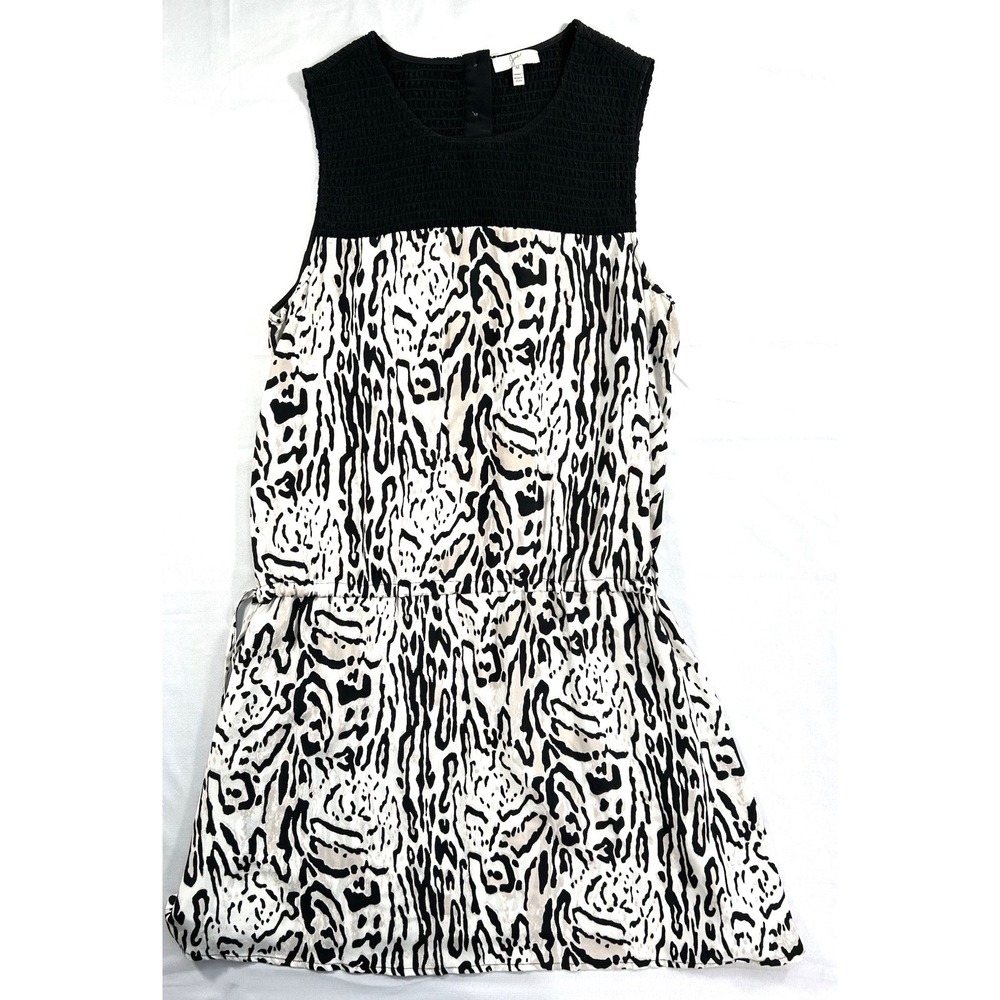 Joie Black White Animal Print Silk Smocked Yoke Sleeveless‎ Dress M 1646-D1320